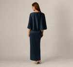 Cape Sleeve Draped Satin Knot Waist Gown In Dark Navy 5