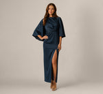 Cape Sleeve Draped Satin Knot Waist Gown In Dark Navy 2