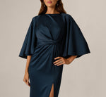 Cape Sleeve Draped Satin Knot Waist Gown In Dark Navy 3