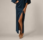 Cape Sleeve Draped Satin Knot Waist Gown In Dark Navy 4