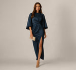 Cape Sleeve Draped Satin Knot Waist Gown In Dark Navy 1