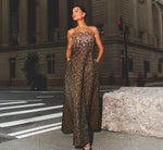 Strapless Scalloped Beaded Rose Jacquard Gown In Chocolate 1