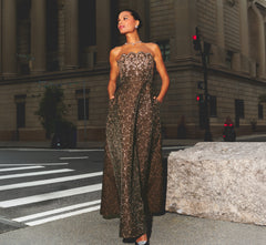 Strapless Scalloped Beaded Rose Jacquard Gown In Chocolate
