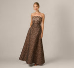 Strapless Scalloped Beaded Rose Jacquard Gown In Chocolate 2