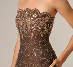 Strapless Scalloped Beaded Rose Jacquard Gown In Chocolate 3