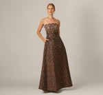 Strapless Scalloped Beaded Rose Jacquard Gown In Chocolate 1
