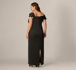 Plus Size Origami Bow Shoulder Stretch Column Gown In Black 5