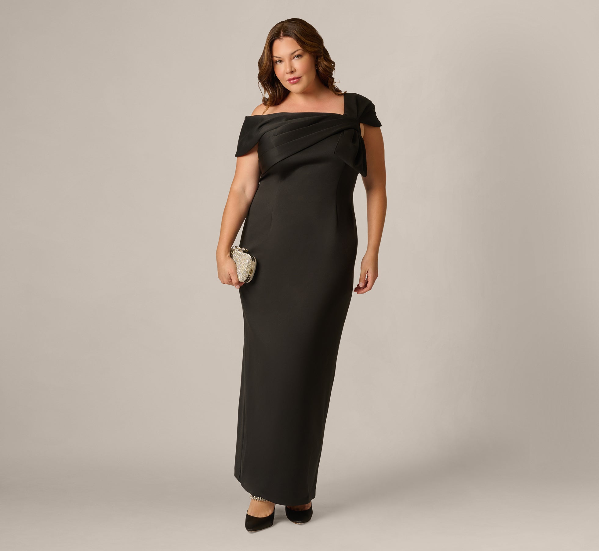 Plus Size Origami Bow Shoulder Stretch Column Gown In Black 1
