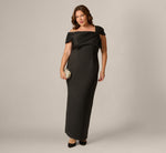 Plus Size Origami Bow Shoulder Stretch Column Gown In Black 1
