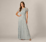 Flutter Sleeve 3D Petal Beaded Draped Gown In Snow Globe 2