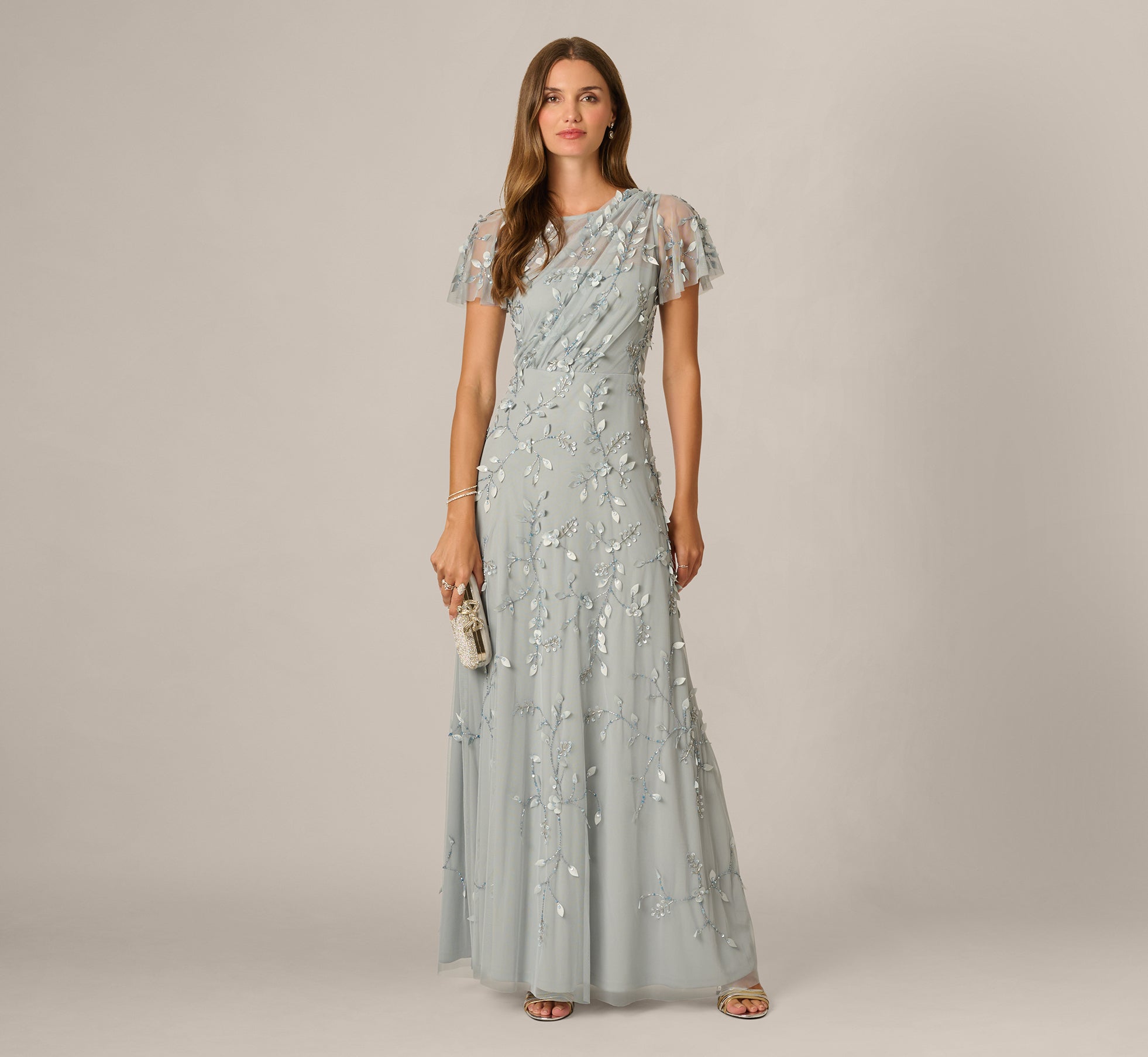 Flutter Sleeve 3D Petal Beaded Draped Gown In Snow Globe 1