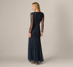 Long Sleeve Floral Sequin Beaded Gown In Midnight 5