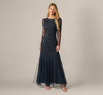 Long Sleeve Floral Sequin Beaded Gown In Midnight 2