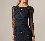 Long Sleeve Floral Sequin Beaded Gown In Midnight 3