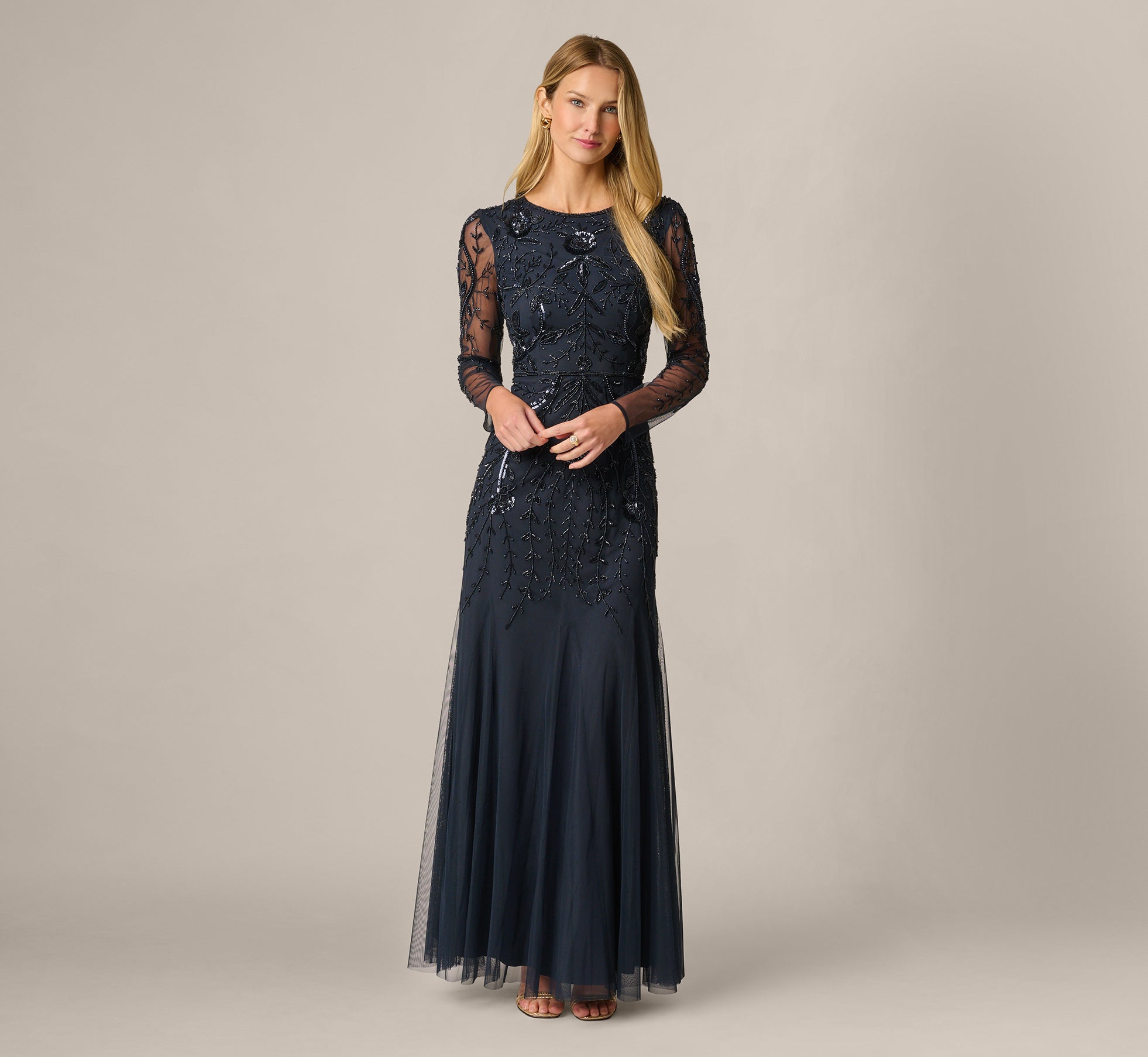 Long Sleeve Floral Sequin Beaded Gown In Midnight 1