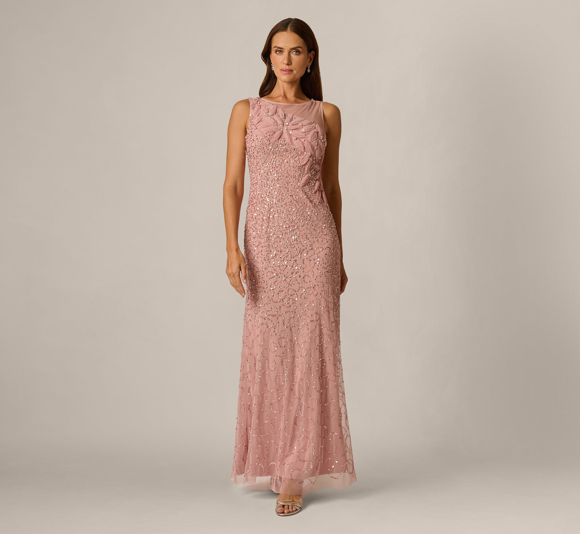 Floral Soutache Sequin Beaded Illusion Gown In Mauve 1