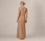 Extended Shoulder Leaf Beaded Illusion Gown In Cafe Mocha 5