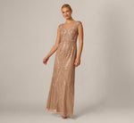 Extended Shoulder Leaf Beaded Illusion Gown In Cafe Mocha 2