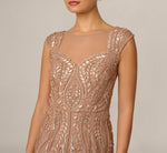 Extended Shoulder Leaf Beaded Illusion Gown In Cafe Mocha 3