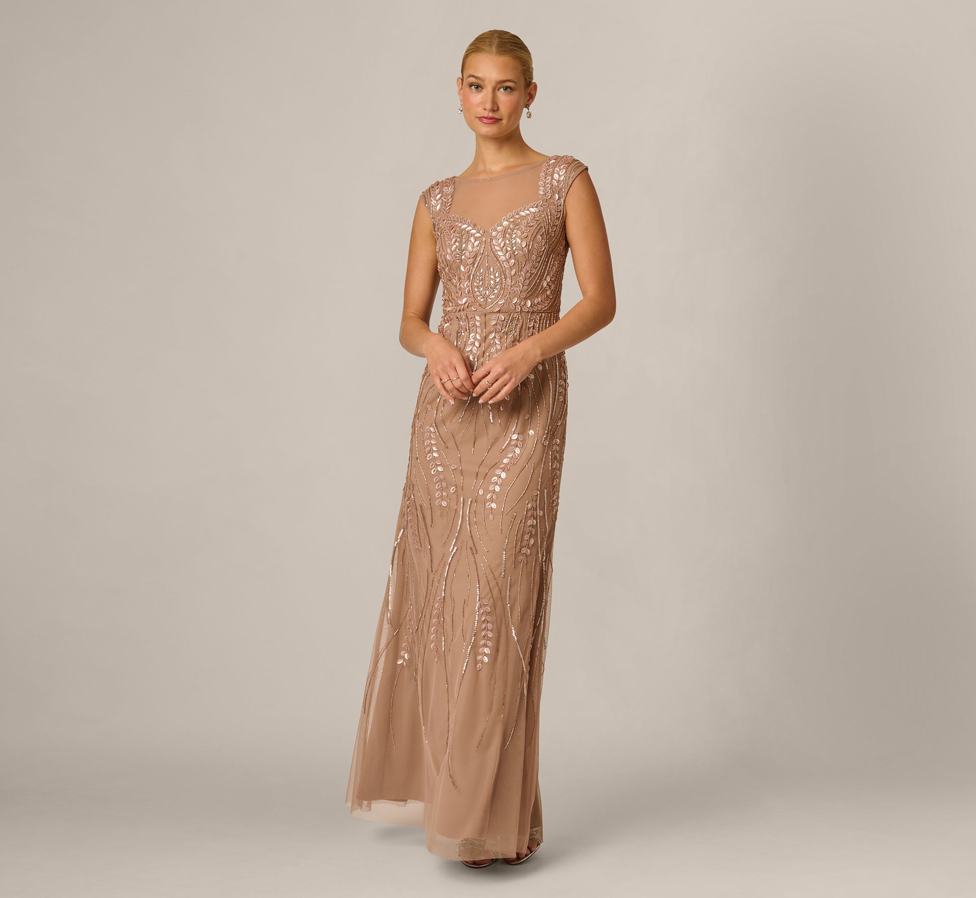 Extended Shoulder Leaf Beaded Illusion Gown In Cafe Mocha 1