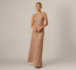 Extended Shoulder Leaf Beaded Illusion Gown In Cafe Mocha 1