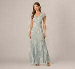 Flutter Sleeve Floral Beaded Flounce Godet Gown In Snow Globe 2
