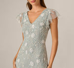 Flutter Sleeve Floral Beaded Flounce Godet Gown In Snow Globe 3