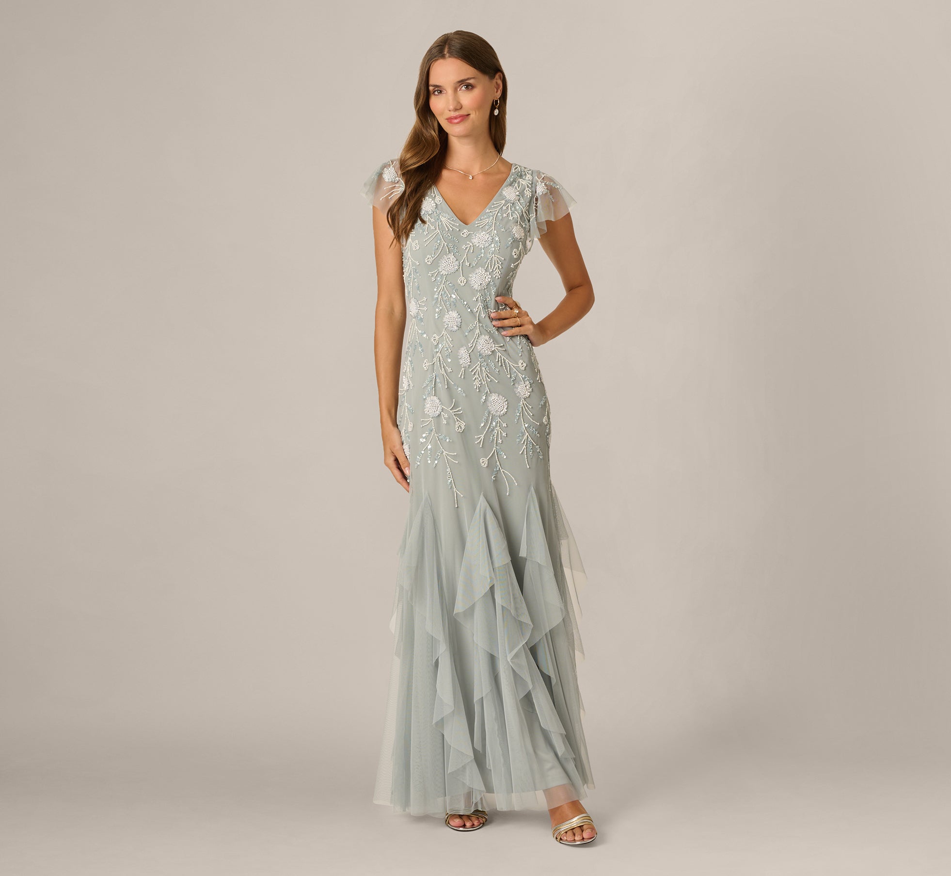 Flutter Sleeve Floral Beaded Flounce Godet Gown In Snow Globe 1
