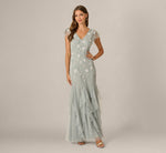 Flutter Sleeve Floral Beaded Flounce Godet Gown In Snow Globe 1