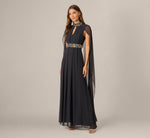 Beaded Trim Keyhole Cape Gown In Midnight 2