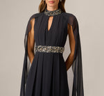 Beaded Trim Keyhole Cape Gown In Midnight 3