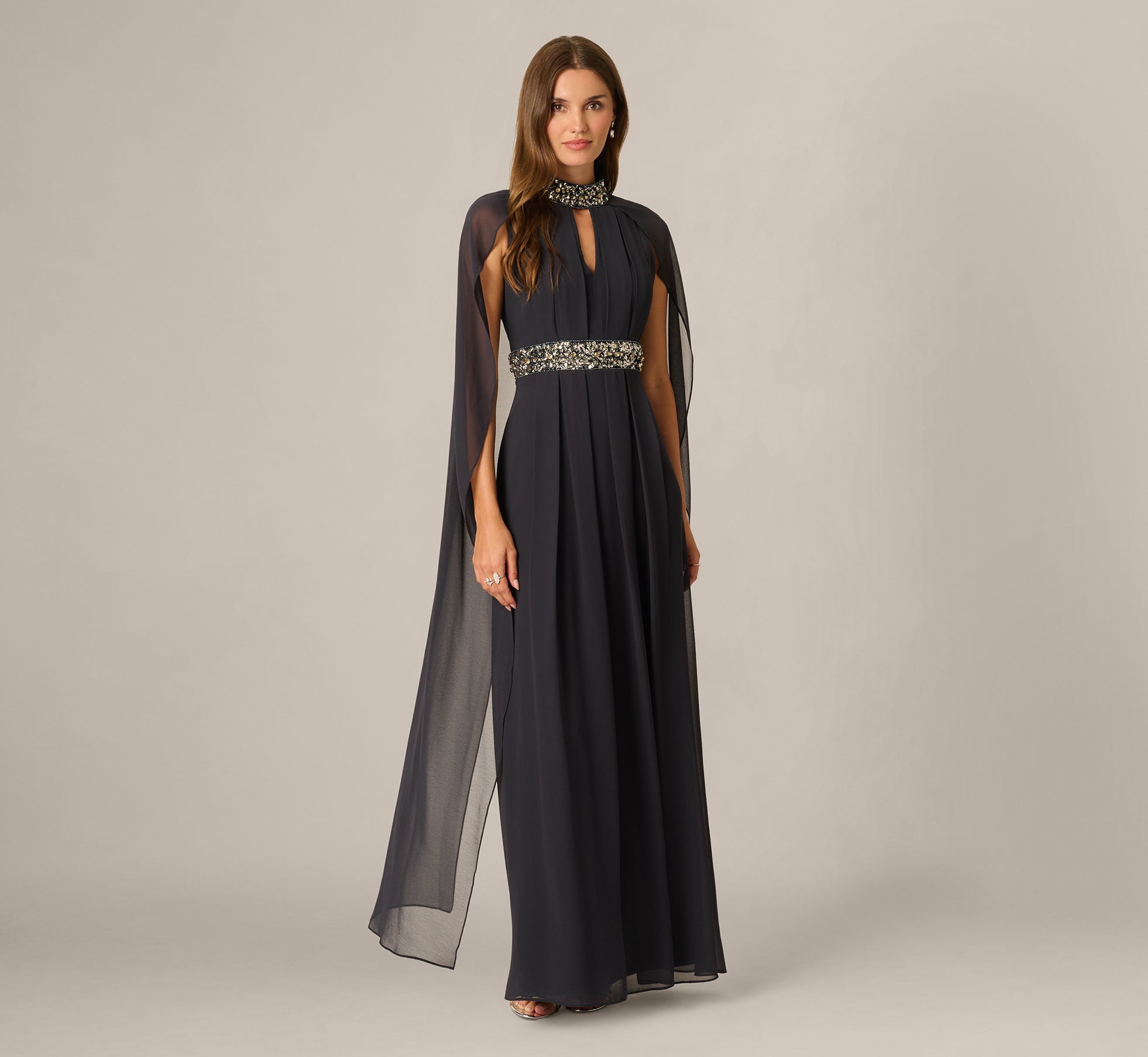 Beaded Trim Keyhole Cape Gown In Midnight 1