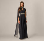 Beaded Trim Keyhole Cape Gown In Midnight 1