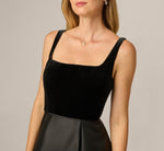 Square Neck Velvet Mikado Ankle Length Combo Dress In Black 3