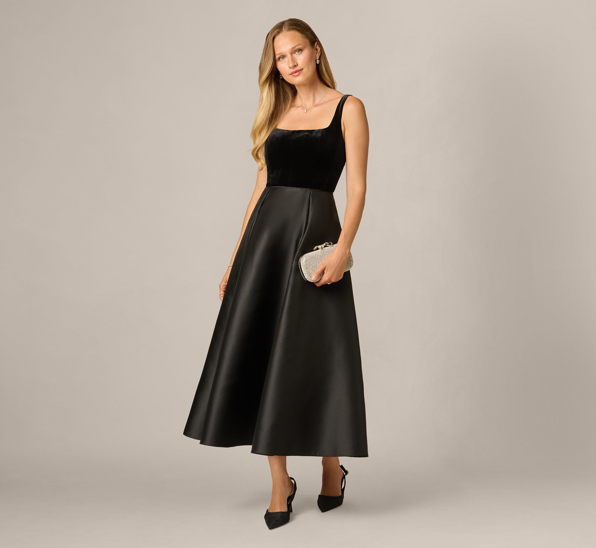 Square Neck Velvet Mikado Ankle Length Combo Dress In Black 1