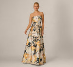 Strapless Origami Pleated Floral Print Gown In Ivory Yellow Multi 2