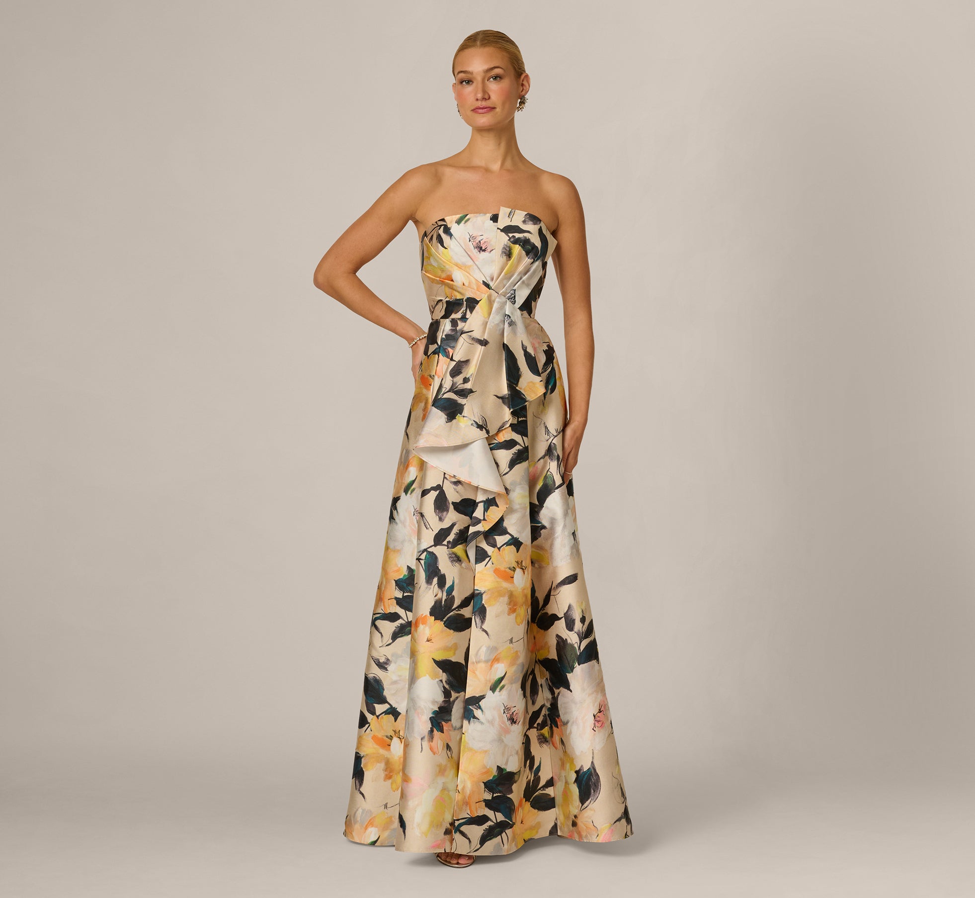 Strapless Origami Pleated Floral Print Gown In Ivory Yellow Multi 1