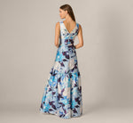 Floral Mikado V Neck Trumpet Gown In Ivory Blue Multi 5