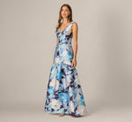 Floral Mikado V Neck Trumpet Gown In Ivory Blue Multi 2