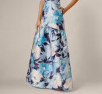Floral Mikado V Neck Trumpet Gown In Ivory Blue Multi 4