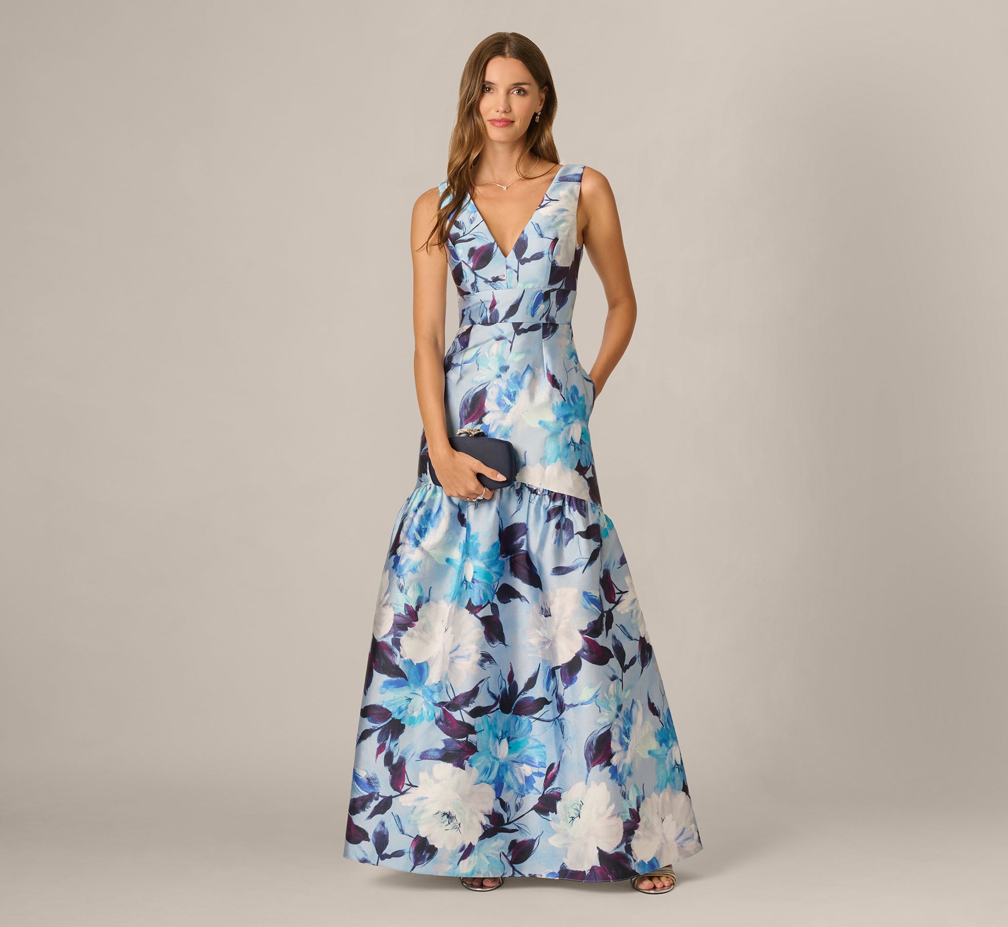 Floral Mikado V Neck Trumpet Gown In Ivory Blue Multi 1