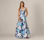 Floral Mikado V Neck Trumpet Gown In Ivory Blue Multi 1