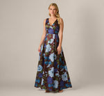 Petite Garden Floral Printed V Neck Mikado Gown In Brown Multi 2