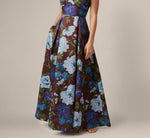 Petite Garden Floral Printed V Neck Mikado Gown In Brown Multi 4