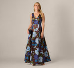Petite Garden Floral Printed V Neck Mikado Gown In Brown Multi 1