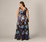 Plus Size Garden Floral Printed V Neck Mikado Gown In Brown Multi 5