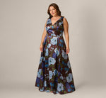 Plus Size Garden Floral Printed V Neck Mikado Gown In Brown Multi 2