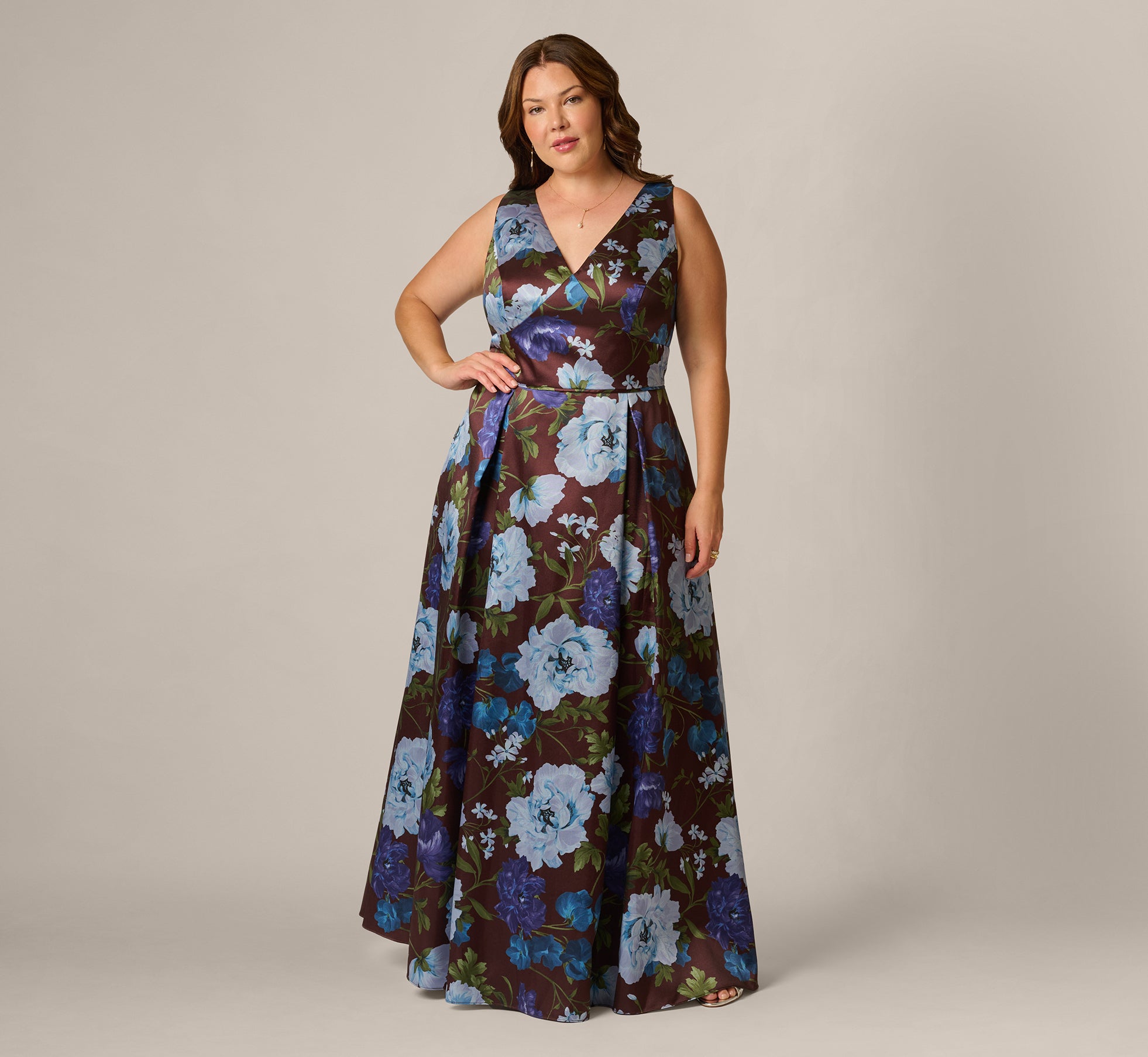 Plus Size Garden Floral Printed V Neck Mikado Gown In Brown Multi 1