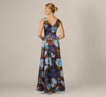 Garden Floral Printed V Neck Mikado Gown In Brown Multi 5