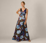 Garden Floral Printed V Neck Mikado Gown In Brown Multi 2